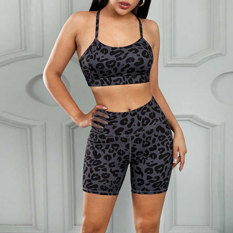 Leopard Print Workout Set Short Beauty Back